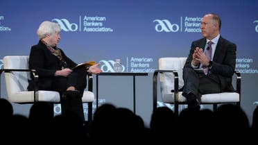 US Treasury Secretary Janet Yellen (L) speaks with American Bankers Association CEO and President Rob Nichols during the American Bankers Association's (ABA) 2023 Washington Summit in Washington, DC, on March 21, 2023. (AFP)