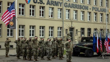 US soldiers take part in the inauguration ceremony, by transforming the Area Support Group Poland into the permanent US Army Garrison Poland, at Camp Kosciuszko in Poznan, on March 21, 2023. (AFP)