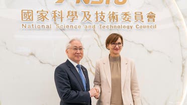 This handout picture taken and released by Taiwan’s National Science and Technology Council (NSTC) on March 21, 2023 shows German Minister of Education and Research Bettina Stark-Watzinger (R) shaking hands with her Taiwanese counterpart Wu Tsung-tsong, Minister of Science and Technology, at the NSTC in Taipei. (AFP)
