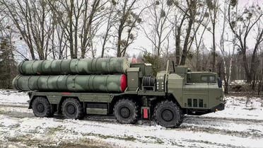 This handout video grab released by the Russian Defense Ministry on February 9, 2022 shows combat crews of the S-400 air defense system driving during joint exercises of the armed forces of Russia and Belarus as part of an inspection of the Union State’s Response Force, at a firing range in Brest region of Belarus. (AFP)