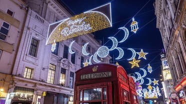 First ever Ramadan lights installation at Piccadilly Circus is pictured on the eve of the first day of Ramadan, in London, Britain, March 21 2023. (Reuters)