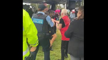 Independent Australian Senator Lidia Thorpe being stopped by police from Kellie-Jay Keen’s speech, right in front of Pauline Hanson before joining the counter-rally on March 23, 2023. (Twitter)