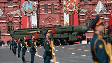 A Russian Yars intercontinental ballistic missile launcher parades through Red Square during the general rehearsal of the Victory Day military parade in central Moscow on May 7, 2022. (AFP)