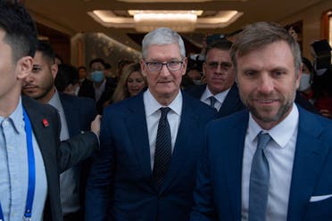 Apple’s CEO Tim Cook leaves the venue following his speech at the China Development  Forum 2023, in Beijing, China, on March 25, 2023. (Reuters)