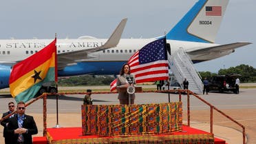 US Vice President, Kamala Harris, delivers a speech as she arrives at the Kotoka International Airport to begin her trip to Ghana, Tanzania and Zambia, in Accra, Ghana, March 26, 2023. (Reuters)
