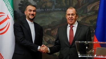 Russian Foreign Minister Sergei Lavrov and his Iranian counterpart Hossein Amir-Abdollahian hold a joint press conference following their talks in Moscow on March 29, 2023. (AFP)