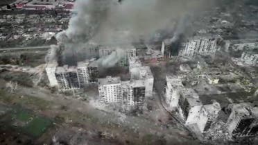 Drone footage over Bakhmut, Donetsk region shows devastation amid fierce fighting during Russia's ongoing invasion of Ukraine in this still image obtained from social media video released March 26, 2023. (Reuters)