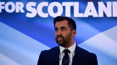 Newly appointed leader of the Scottish National Party (SNP), Humza Yousaf speaks following the SNP Leadership election result announcement at Murrayfield Stadium in Edinburgh on March 27, 2023. (AFP)