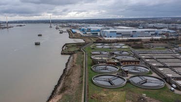 An aerial view shows the Thames Water Long Reach water treatment facility on the banks of the Thames estuary in Dartford, east of London, on March 3, 2023. (AFP)