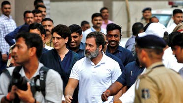 Rahul Gandhi, a senior leader of India’s main opposition Congress party, arrives with his sister and a leader of the party Priyanka Gandhi Vadra at a court in Surat in the western state of Gujarat, India, on April 3, 2023. (Reuters)