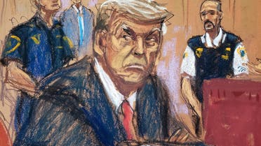 Former U.S. President Donald Trump appears in court for an arraignment on charges stemming from his indictment by a Manhattan grand jury following a probe into hush money paid to porn star Stormy Daniels, in New York City, U.S., April 4, 2023, in this courtroom sketch REUTERS/Jane Rosenberg