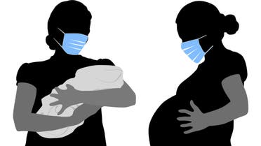 A mother carrying her child and a pregnant woman next to them Pregnancy And Newborn Pandemic Covid stock illustration