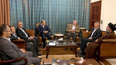 Hassan Nasrallah (R) meeting (from L) his political advisor Hajj Hussein al-Khalil, Gebran Bassil, Ali Hassan Khalil, Michel Aoun, Nabih Berri, and Sleiman Franjieh at an disclosed location late on November 6, 2009. (AFP)