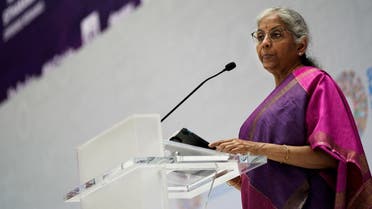 India’s Finance Minister Nirmala Sitharaman delivers opening remarks during a panel titled “Digital Public Infrastructure: Stacking Up the Benefits” at the 2023 Spring Meetings of the World Bank Group and the International Monetary Fund in Washington, US, on April 14, 2023. (Reuters)