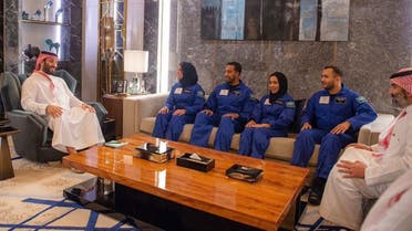 The Crown Prince met with Rayana Bernawi, Ali al-Qarni, Mariam Fardous and Ali al-Ghamdi ahead of the launch of the scientific mission. (SPA)