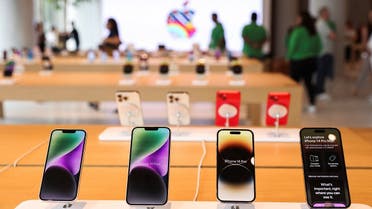 Apple iPhones are seen inside India’s first Apple retail store during a media preview, a day ahead of its launch in Mumbai, India, on April 17, 2023. (Reuters)