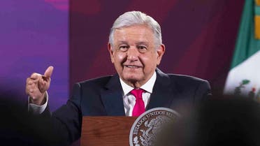 This handout picture released by the Mexican Presidency shows Mexico’s President Andres Manuel Lopez Obrador speaking during a press conference in Mexico City on March 28, 2023. (AFP)