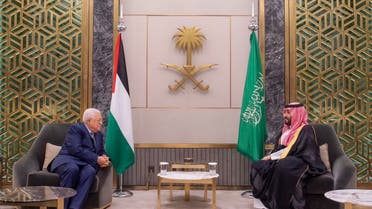 Crown Prince Mohammed bin Salman meets with Palestinian President Mahmoud Abbas. (Twitter)