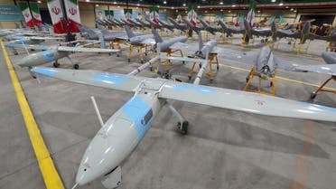 This handout picture released by Iran’s Army office on April 19, 2023 shows military unmanned aerial vehicles (UAV or drone) on display during a ceremony at an undisclosed location in Iran. (AFP)