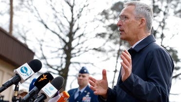 NATO Secretary-General Jens Stoltenberg speaks to the media as he visits Ramstein U.S. Air Base, Germany, April 21, 2023. REUTERS/Heiko Becker