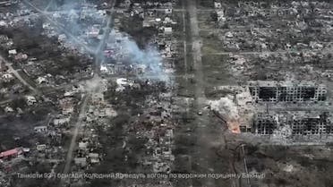 An aerial view shows smoke rising in the front line town of Bakhmut, amid Russia’s attack on Ukraine, in Donetsk region, Ukraine in this screengrab obtained from a video released on April 22, 2023 by 93rd Mechanized Brigade ‘Kholodnyi Yar.’ (Reuters)