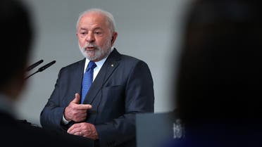Brazilian President Luiz Inacio Lula da Silva holds a joint press conference with the Spanish prime minister at La Moncloa Palace in Madrid on April 26, 2023. (AFP)