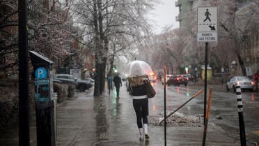 A person walks through iced over tree branches and power lines after some fell in Monkland Village after freezing rain hit parts of Quebec and Ontario in Montreal, Canada, on April 5, 2023. (AFP)