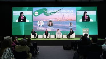 The panel of experts on the Global Stage at the Arabian Travel Market (ATM 2023) in Dubai on Wednesday to discuss the actions required to futureproof the air travel industry.  (Supplied)