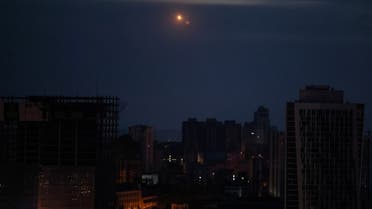 A trace of the explosion is seen in the sky over the city during a Russian drone strike, amid Russia's attack on Ukraine, in Kyiv, Ukraine May 4, 2023. REUTERS/Gleb Garanich