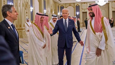 A handout picture released by the Saudi Royal Palace on July 15, 2022, shows Saudi Crown Prince Mohammed bin Salman (R) greeting US President Joe Biden (2nd-R), in the presence of Saudi Minister of State for Foreign Affairs Adel al-Jubeir (C-L) and US Secretary of State Antony Blinken (L), at Al-Salam Palace in the Red Sea port of Jeddah. (Saudi Royal Palace via AFP)
