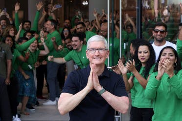 Apple CEO Tim Cook gestures during the inauguration of India's first Apple retail store in Mumbai, India, April 18, 2023. (Reuters)
