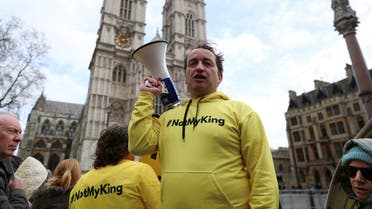 FILE PHOTO: Graham Smith, a member of a Republic and the author of the book 'Abolish the Monarchy', attends a anti-monarchy protest prior to the Commonwealth Service, outside Westminster Abbey in London, Britain, March 13, 2023. REUTERS/May James/File Photo