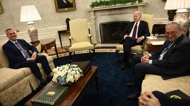 US President Joe Biden meets with US Speaker of the House Kevin McCarthy and Senate Majority Leader Chuck Schumer in the Oval Office of the White House in Washington, DC, on May 9, 2023. Biden and Republican leaders met in hopes of breaking an impasse over the US debt limit. The lifting of the national debt ceiling allows the government to pay for spending already incurred. (Photo by Brendan SMIALOWSKI / AFP)