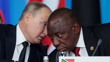 Russia’s President Vladimir Putin speaks with South African President Cyril Ramaphosa at the first plenary session as part of the 2019 Russia-Africa Summit at the Sirius Park of Science and Art in Sochi, Russia, October 24, 2019. (Reuters)