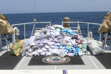 Bags of illegal drugs sit on the deck of a fishing vessel seized by US Coast Guard in the Gulf of Oman, May 10, 2023. (US Coast Guard)
