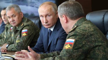 Russia’s President Vladimir Putin oversees the multinational military exercises “Kavkaz-2020” at the Kapustin Yar training ground in Astrakhan Region, Russia September 25, 2020. (Sputnik via Reuters)
