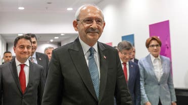Kemal Kilicdaroglu (C) the 74-year-old leader of the center-left, pro-secular Republican People’s Party, or CHP, arrives for a press conference in Ankara on May 15, 2023. (AFP)