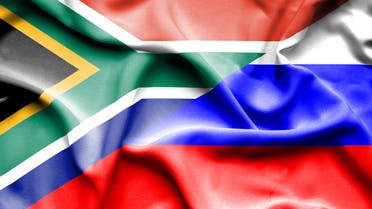 South Africa and Russia two flags together realations textile cloth fabric texture stock photo