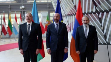Azerbaijan's President Ilham Aliyev, Armenian Prime Minister Nikol Pashinyan and European Council President Charles Michel pose in Brussels, Belgium May 14, 2023. (Reuters)