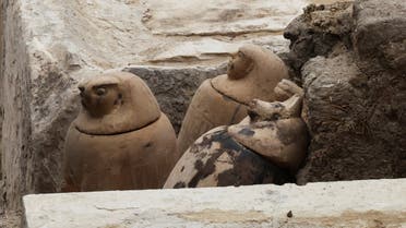 Canopic jars, which were made to contain organs that were removed from the body in the process of mummification, are seen at the site of embalming workshop site for humans at the newly discovered site where two embalming workshops for humans and animals along with two tombs and a collection of artefacts were also found, near Egypt's Saqqara necropolis, in Giza, Egypt May 27, 2023. REUTERS/Amr Abdallah Dalsh