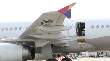 Asiana Airlines’ Airbus A321 plane, of which a passenger opened a door on a flight shortly before the aircraft landed, is pictured at an airport in Daegu, South Korea, on May 26, 2023. (Yonhap/ Reuters)