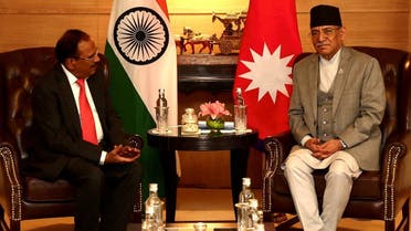 Nepal’s Prime Minister Pushpa Kamal Dahal meets with Ajit Doval, National Security Advisor of India, during his visit to New Delhi, India, on May 31, 2023. (Reuters)