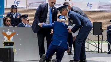 President Joe Biden falls on stage during the 2023 United States Air Force Academy Graduation Ceremony, June 1, 2023. (AP)