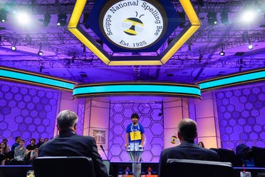 Dev Shah, 14, from Largo, Fla., spells his winning word during the Scripps National Spelling Bee, Thursday, June 1, 2023, in Oxon Hill, Md. (AP)