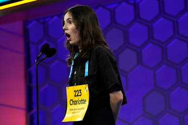Charlotte Walsh, 14, from Arlington, Va., competes during the finals of the Scripps National Spelling Bee, Thursday, June 1, 2023, in Oxon Hill, Md. (AP)
