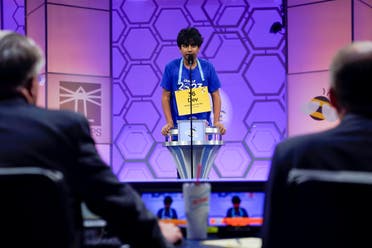 Dev Shah, 14, from Largo, Fla., spells his winning word during the Scripps National Spelling Bee, Thursday, June 1, 2023, in Oxon Hill, Md. (AP)