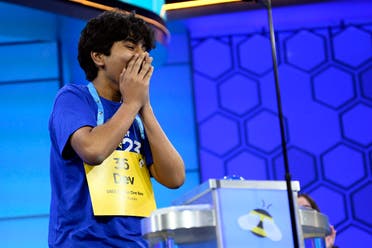 Dev Shah, 14, from Largo, Fla., reacts as he wins the Scripps National Spelling Bee finals, Thursday, June 1, 2023, in Oxon Hill, Md. (AP)