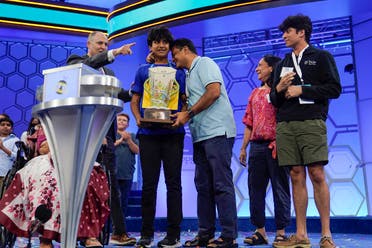 Dev Shah, 14, from Largo, Fla., celebrates winning the Scripps National Spelling Bee alongside his family, Thursday, June 1, 2023, in Oxon Hill, Md. (AP)