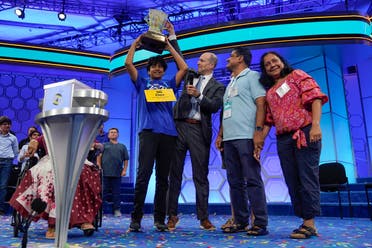 Dev Shah, 14, from Largo, Fla., celebrates winning the Scripps National Spelling Bee alongside his family, Thursday, June 1, 2023, in Oxon Hill, Md. (AP)