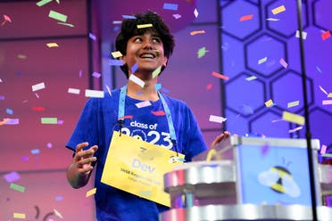 Dev Shah reacts as he wins the Scripps National Spelling Bee finals, Thursday, June 1, 2023, in Oxon Hill, Md. (AP)